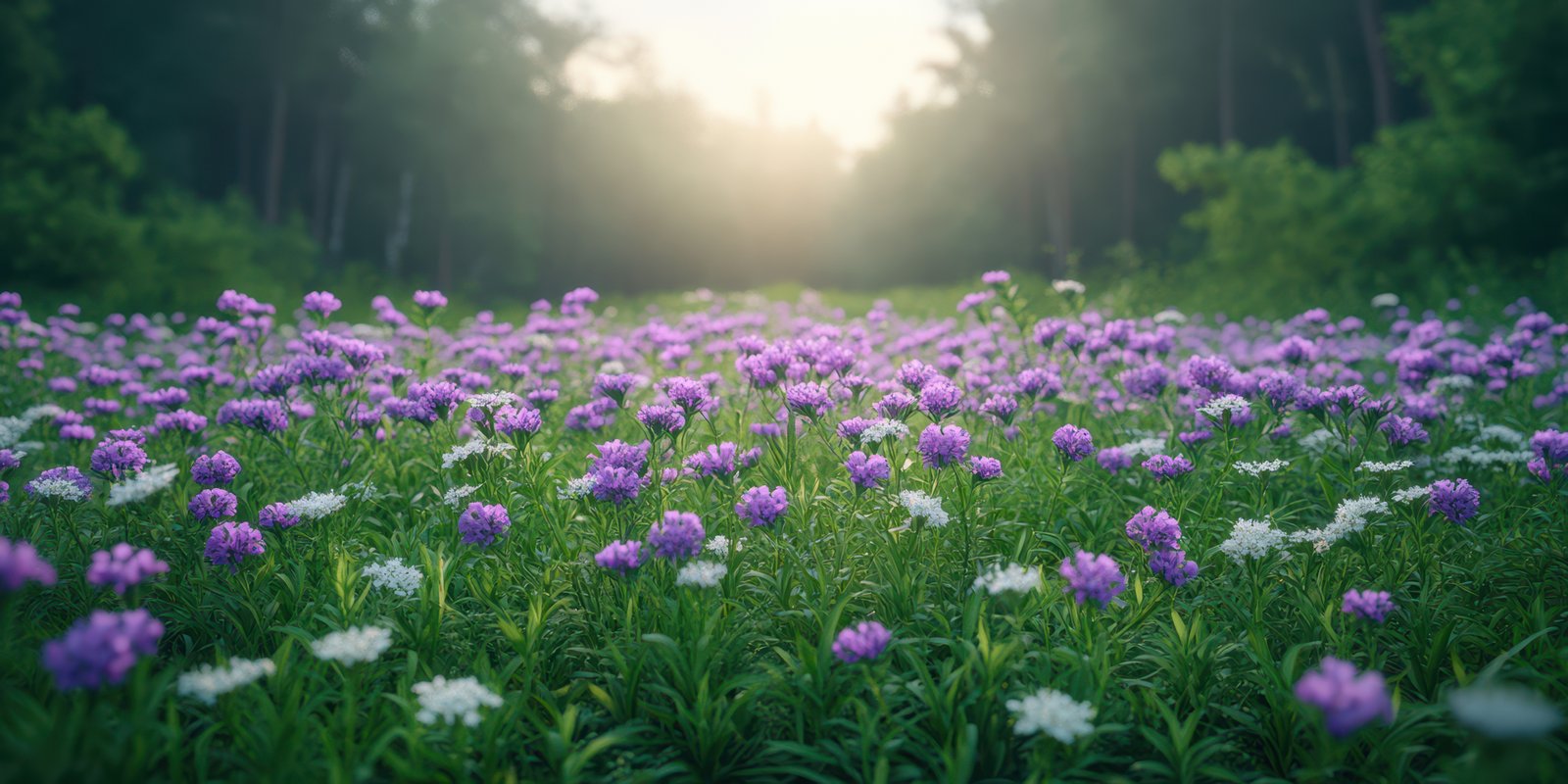 Vibrant purple and white flowers bloom in a sunlit forest clearing during springtime